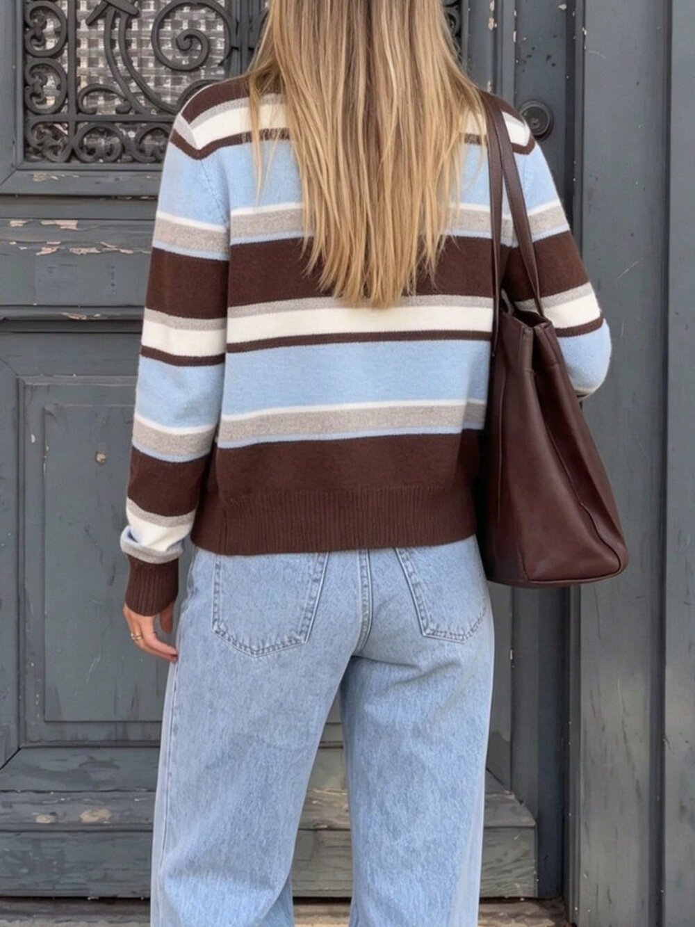 Multicolor Casual Women's Striped Knit Cardigan with Long Sleeve Neck Street Top - Picture 2 of 7